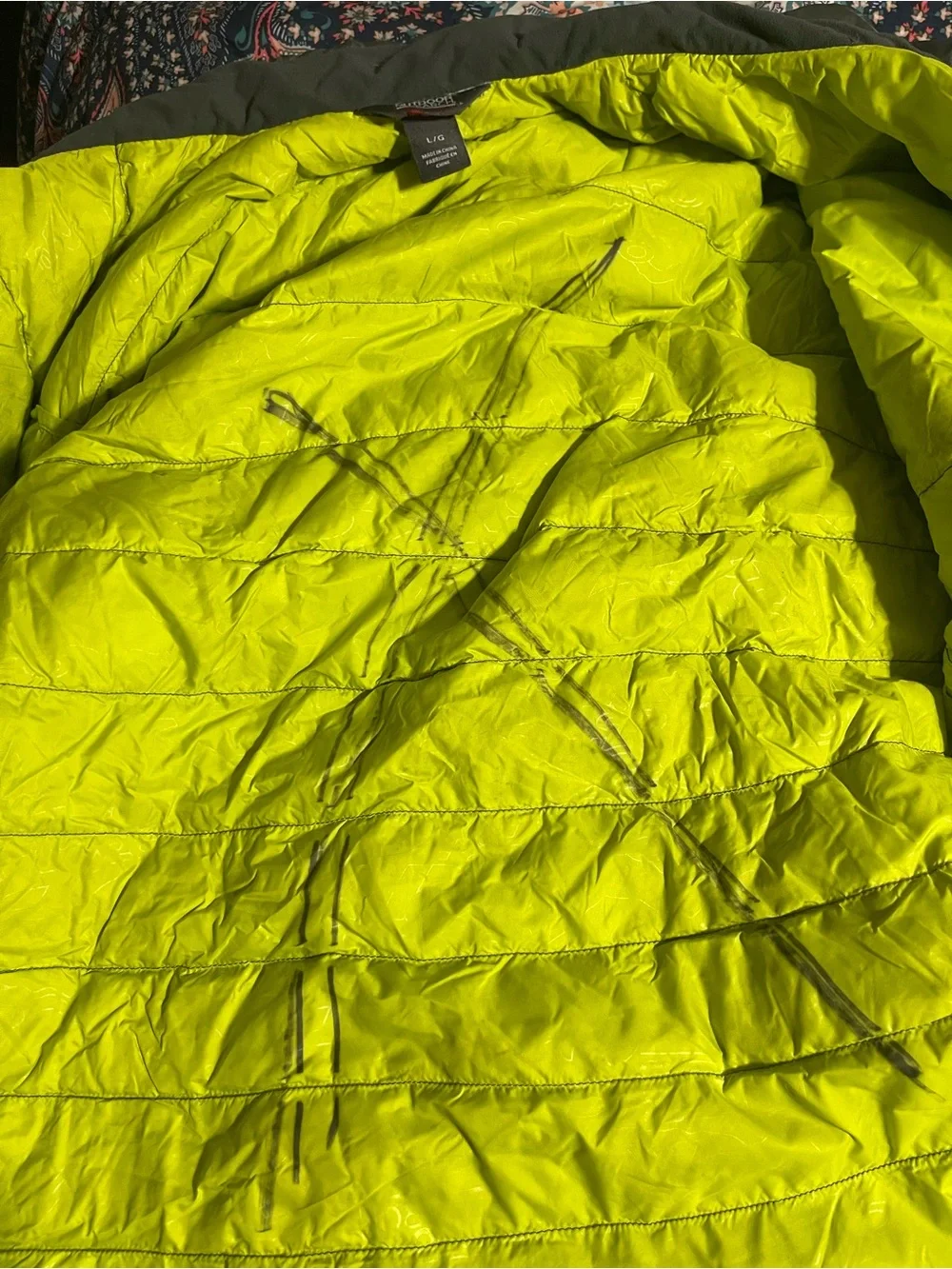 Outdoor Research Transcendent Down Jacket Mens L Gray Neon Goose Puffer **READ**